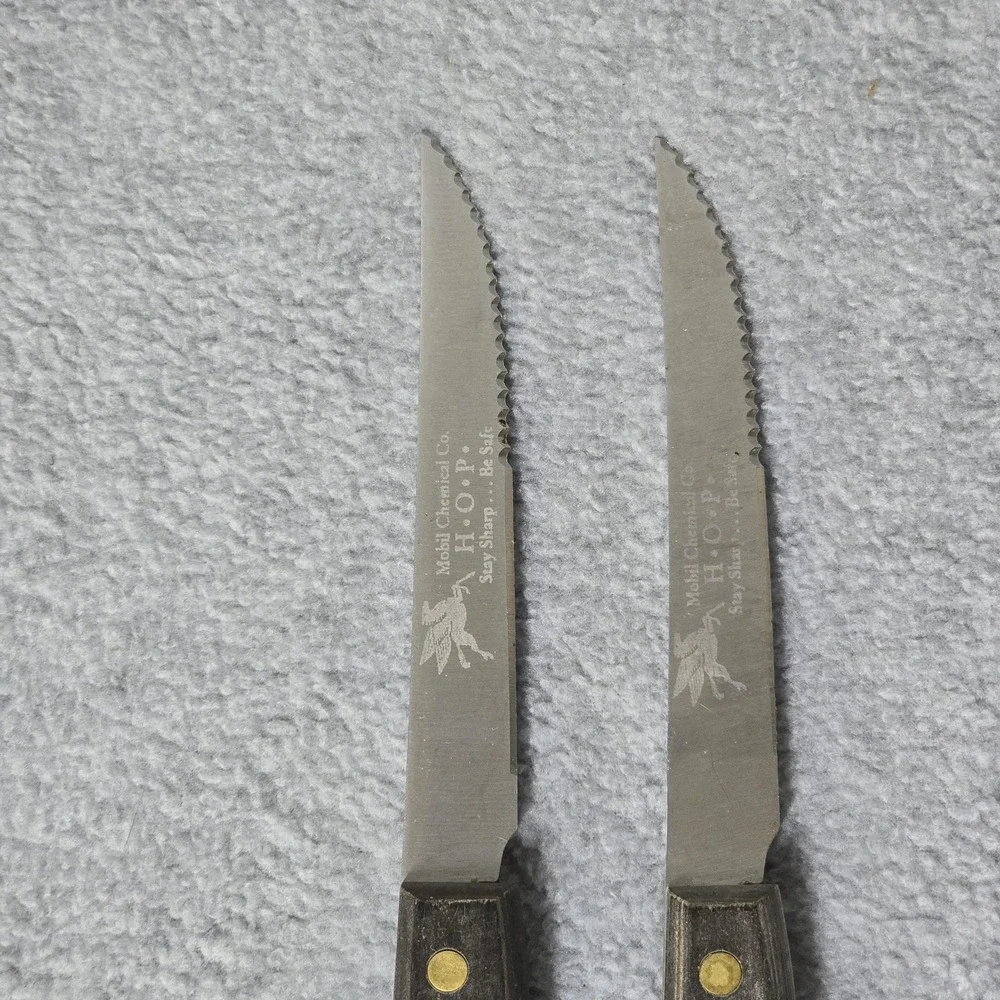 Vintage Mobil Chemical Steak Knives Tramontina Onyx Set 2 Wood Handle Brazil